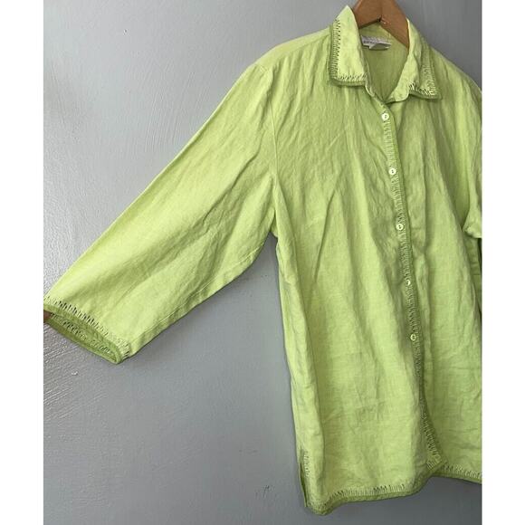 Chartreuse Linen Button Up Shirt Womens Size 14 Green Embroidered Beachy Chic - Picture 2 of 9